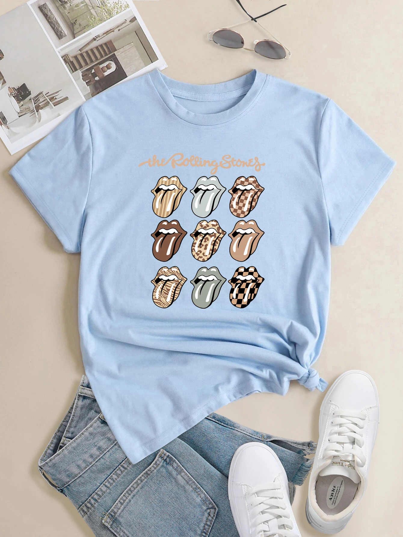 Plu Size 'The rolling tone' Tee,Print Crew Neck T-hirt,Women' Caual Looe Short Sleeve Fahion Summer T-Shirt_voghion.com