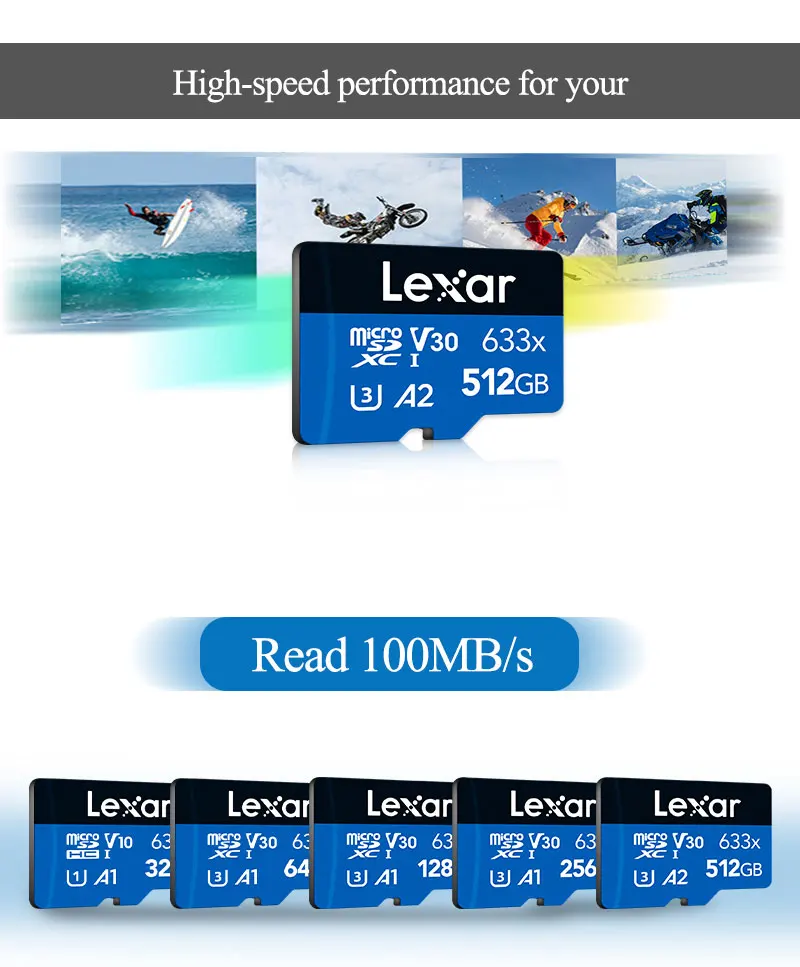 렉사 633x 마이크로 SD 카드 256GB 128GB 64GB SDXC V30 U3 32GB SDHC V10 U1 클래스 10 A1 플래시 메모리 최대 속도
