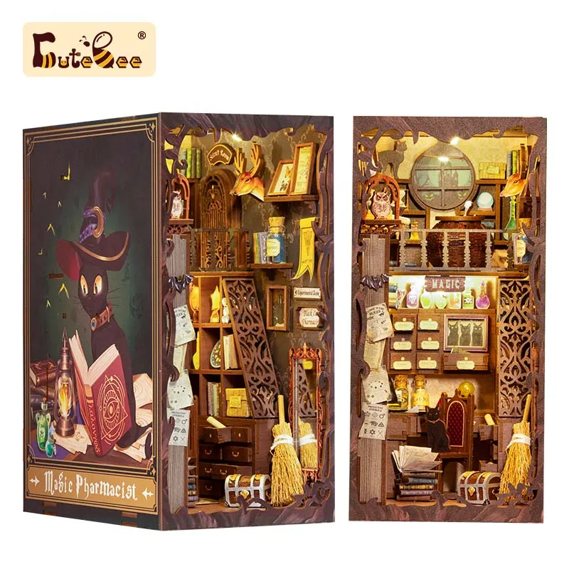 Cutebee DIY Book Nook Shelf Insert Kit Magic Pharmacist Miniature Dollhouse With Touch Lights Furniture for Christmas Gifts