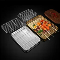 Stainless Steel Barbecue Tray with Cooling Rack Silver Golden Grid Bakeware Kitchen BBQ Baking Pan Fruit Food Plate Organizers 1