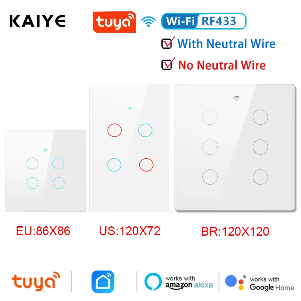 

Tuya WiFi Smart Light Switch EU US Brazil 4/6 Gang Neutral wire/No Neutral wire Required Wall Touch Switch For Alexa Google Home