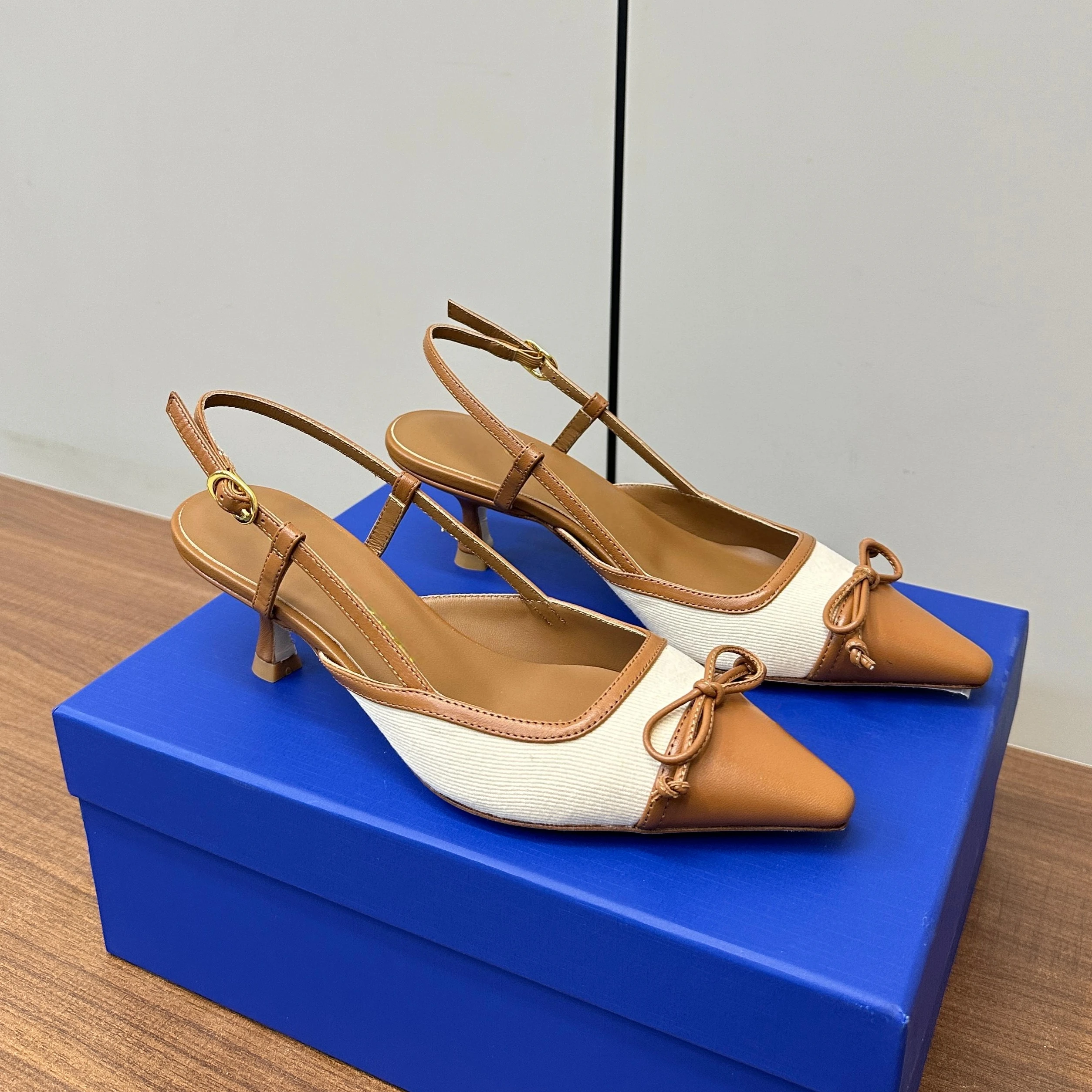 Newest Summer Genuine Leather Pointed-Toe High Heel Slingback Woman Sandals Dress Pumps Butterfly-Knot Decora Bota Feminina