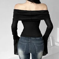 Y2k Aesthetic Simple Fashion Women's Tee Shirts Slash Neck Long Sleeve Solid Casual T-Shirts Vintage Off Shoulder Trendy Tshirts 3