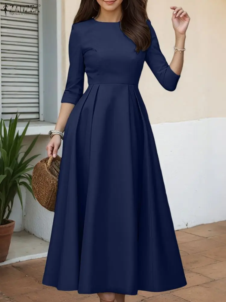 ZANZEA Elegant Maxi Long Dress Women 3/4 Sleeve Office Sundress 2025 Fashion A-Line Party Vestido Solid European Casual Robe 2