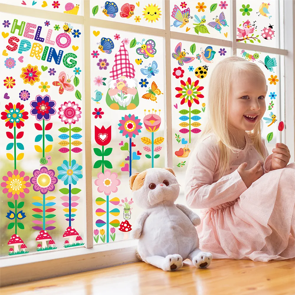 9 Sheets Spring Window Clings Static Stickers Colorful Double-Sided Flower Glass Decals Kids Bedroom Home Decor Supplies