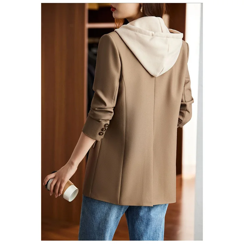 Women Chic Office Lady Single breasted Hooded Blazer Vintage Coat Fashion Notched Collar Long Sleeve Ladies Outerwear Stylish To