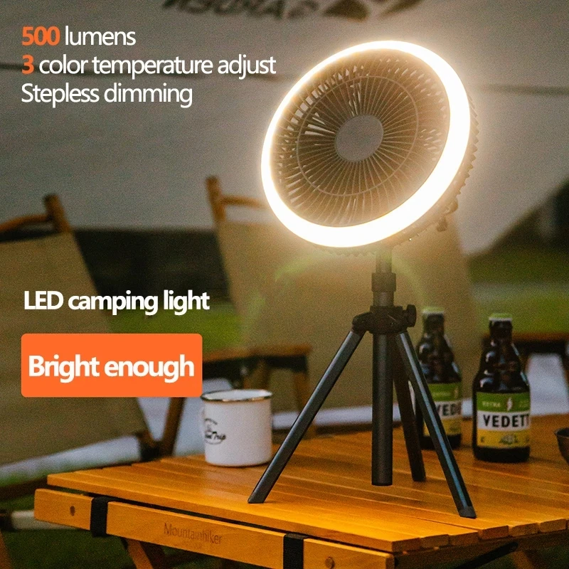 스마트 앱 캠핑 선풍기 충전식 데스크탑 휴대용 무선 천장 선풍기, 보조베터리 LED 조명 삼각대 포함, 10000mAh
