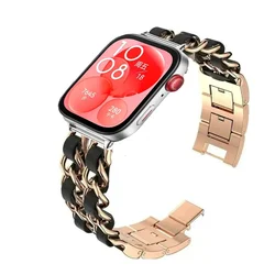 Exquisite Metal and Leather Replacement Bracelet Strap for Huawei Watch Fit 3 (Rose gold black)
