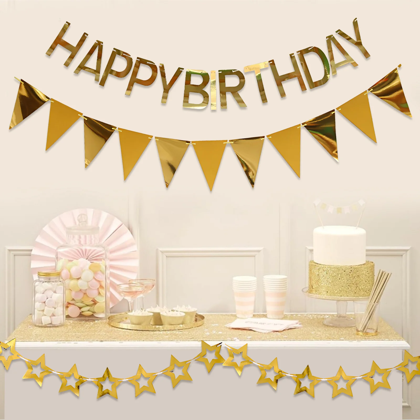 

Baby Shower Supplies Birthday Party Bunting Garland 3pcs/set Golden Banner Decoration For Kids Wedding Triangle Flags Golden
