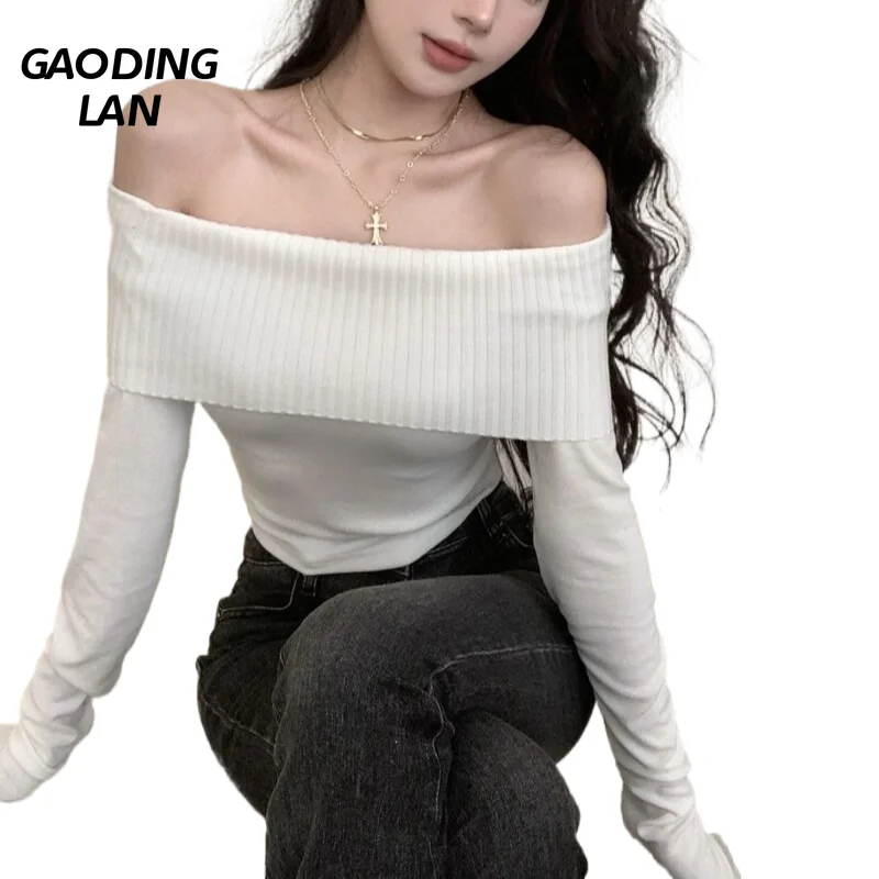 

Desire Sexy Slash Neck Slim Fit Long Sleeve Women T-shirts Solid Color Strapless Knited Tops Elastic Tight Bottom Tees Korean