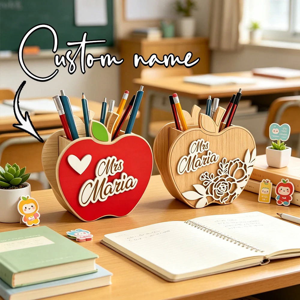 Personalized Apple Shaped Wooden Pen Holder Floral Desk Organizer Appreciation Gift School Office Stationery Storage Rack Back 1