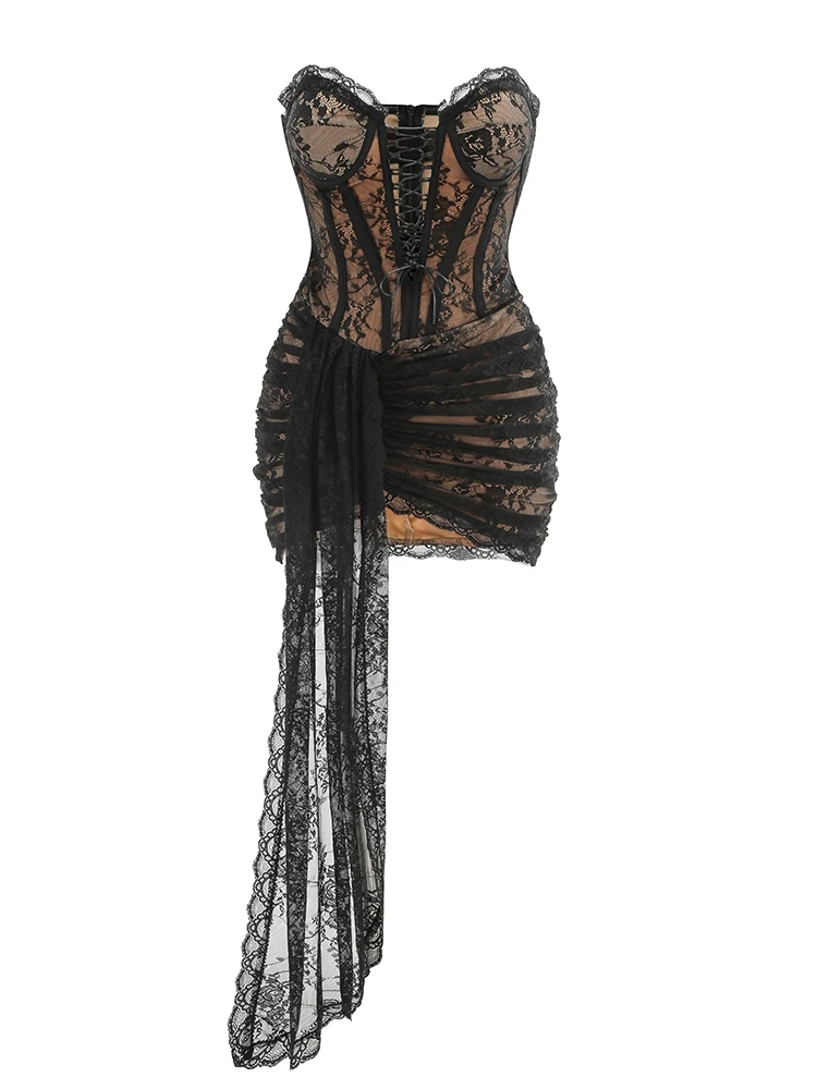Sexy Strapless Lace-up Lace Corset Mini Dress Women Black Lace Sleeveelss Folds Draped Bodycon Dresses Evening Party Cocktail