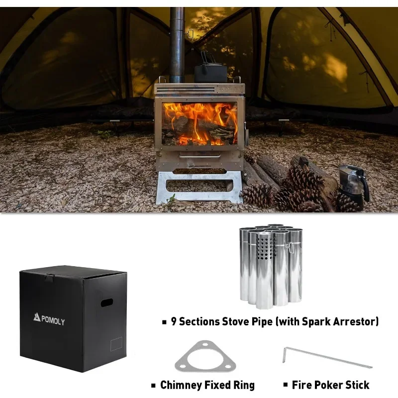 Camping Tent Stove Wood Stove Dweller Max 3 Stainless Steel Wood Burning for Hiking,Cooking,Heating(with 3 Glasses)