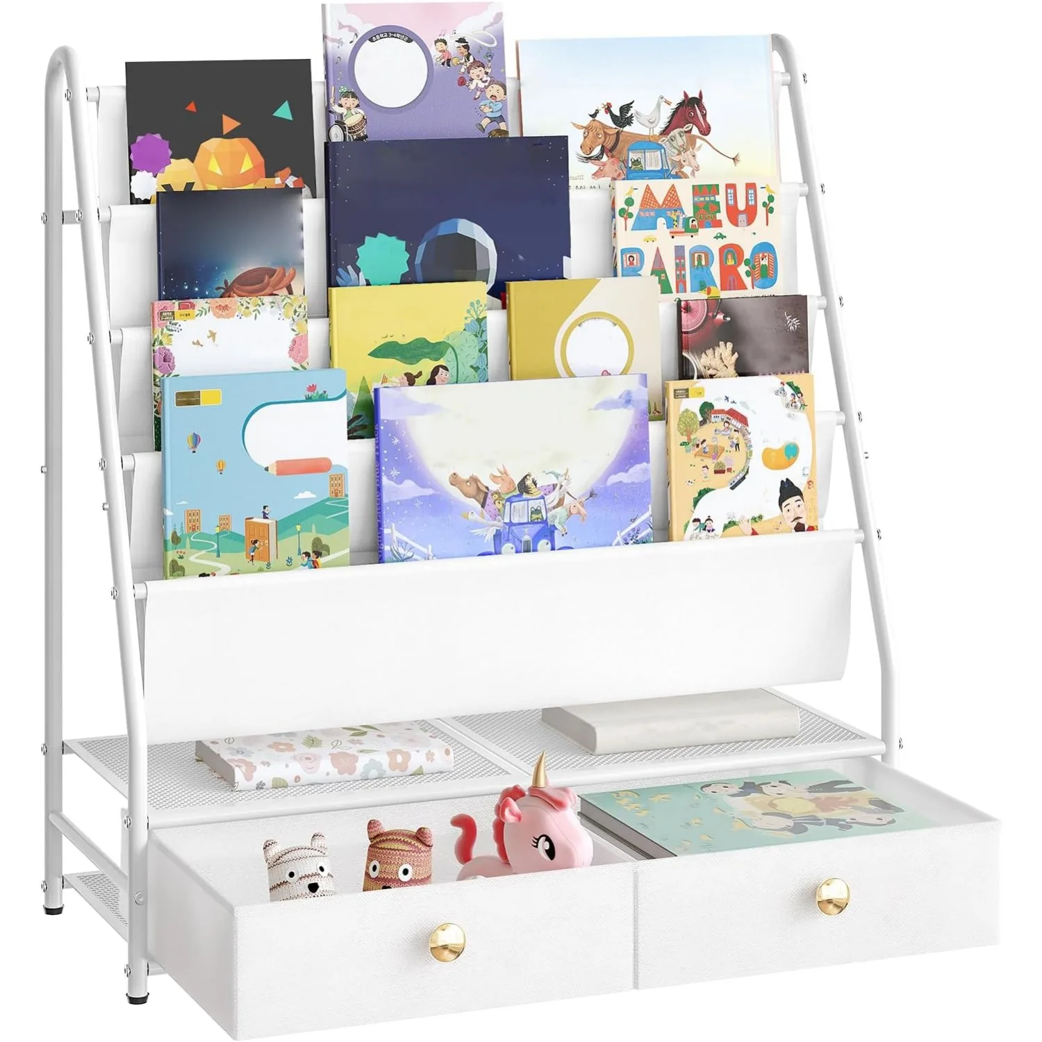 4-Tier Toddler Bookshelf with 2 Fabric Drawers, Metal Kids Bookshelf and Toy Storage,for Kids Room,Living Room,Study Room, White 5
