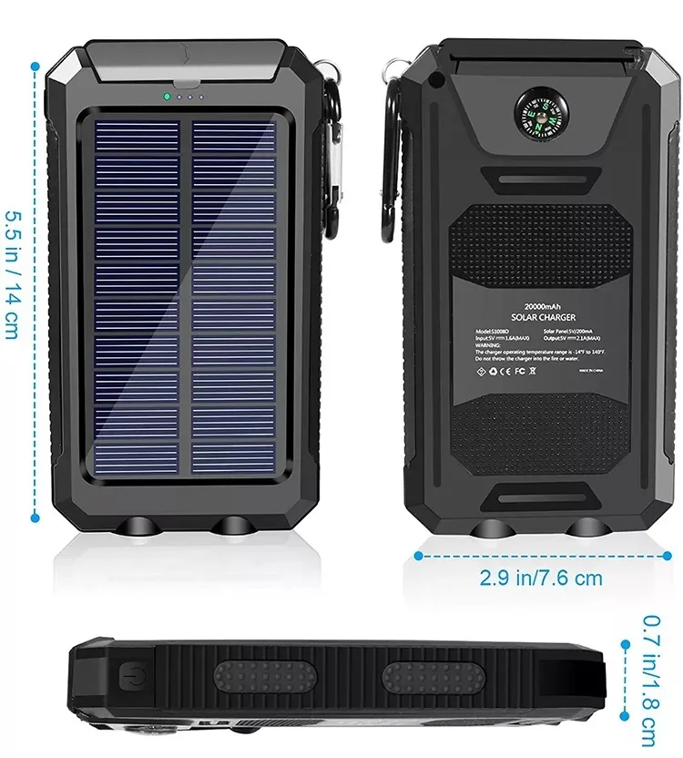 Solar power bank, 5000mAh, 10000mAh, 20000mAh, outdoor charging portable, suitable for Xiaomi, Huawei and Apple mobile phones 6