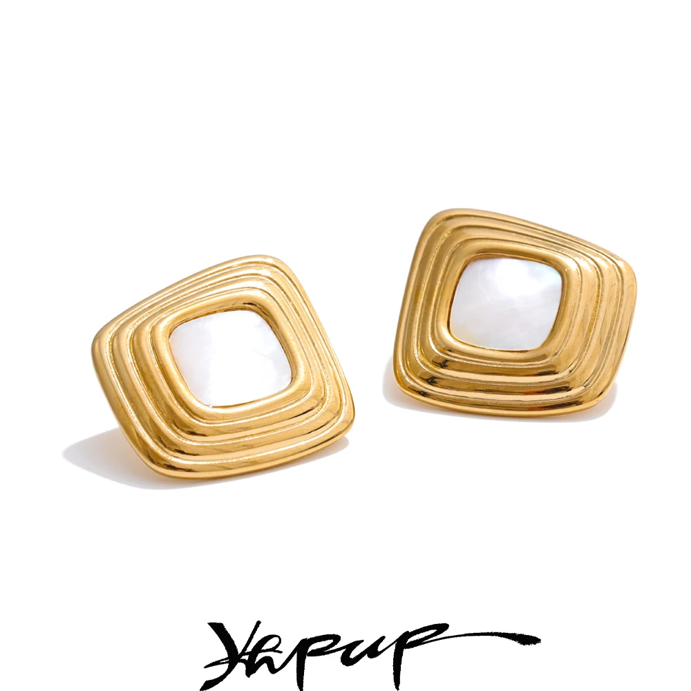 Yhpup Stainless Steel Shell Square Stud Earrings