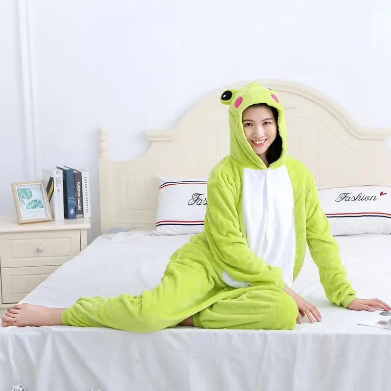 Animal Pajamas Frog Blanket Cartoon Frog Zippered Flannel Onesie With Pockets Warm Unisex Costume For Role-Play Homewear Camping