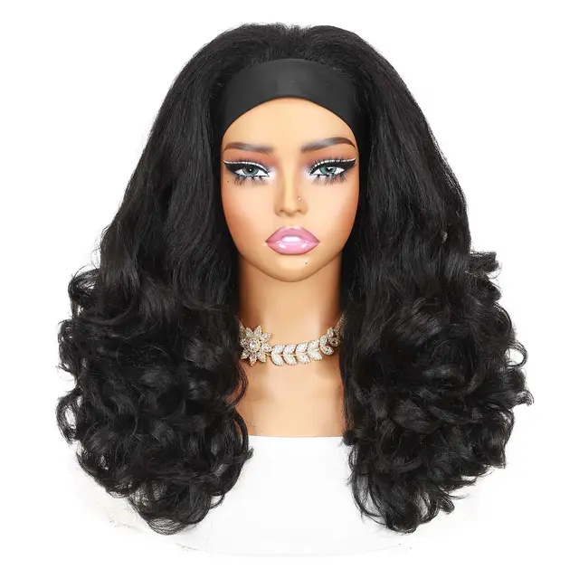 Synthetic Hair Headband Wig Yaki Curly Ends 16inch Middle Long Black Wig Female Kinky Straight for Black Women High Quality 2