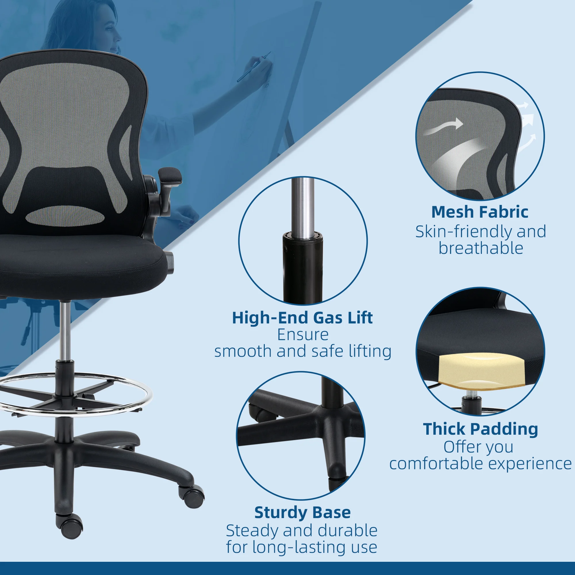 Drafting Chair, Tall Ergonomic Mesh Office Chair for Standing Desk 5