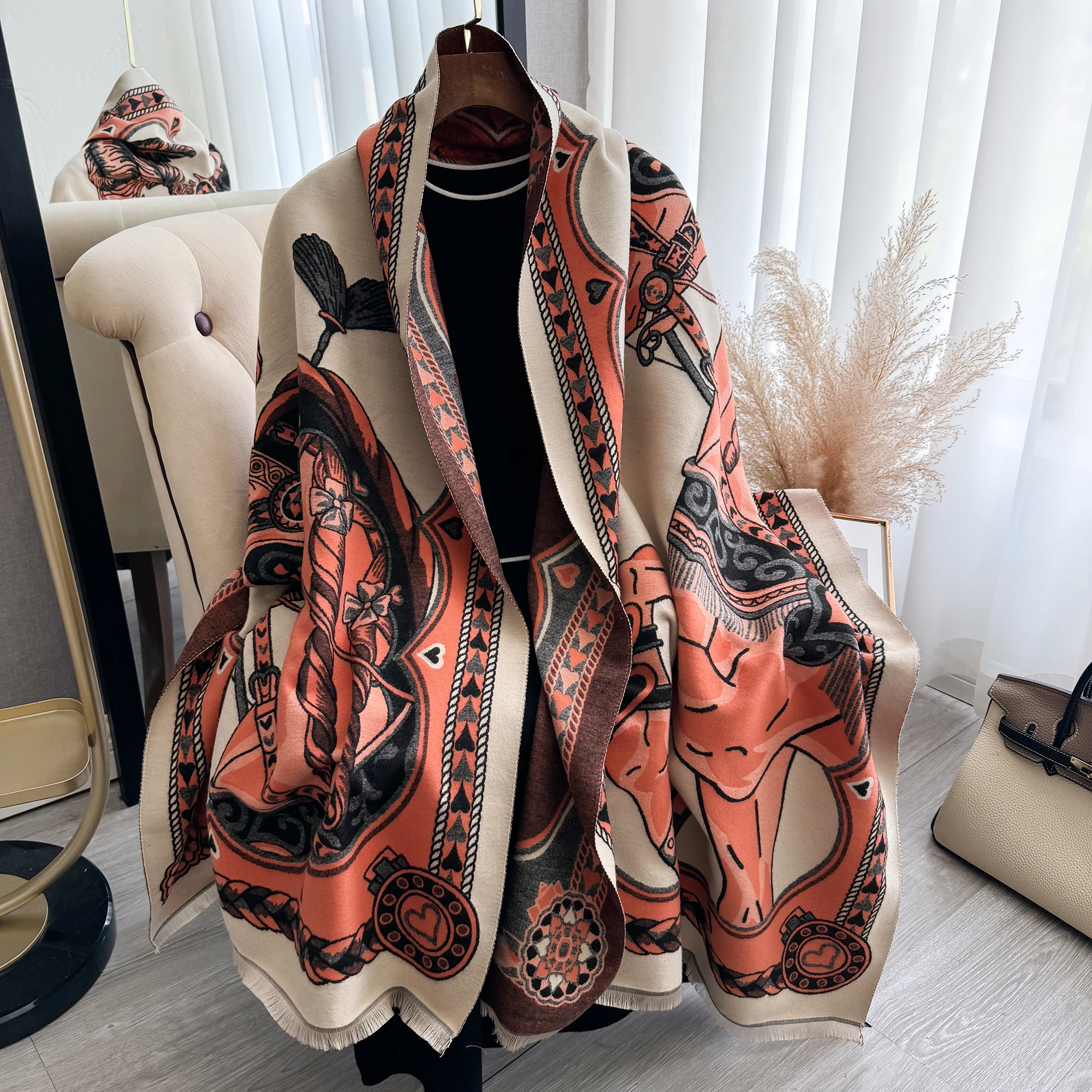 2024 New Warm Cashmere Scarf Winter War Horse Large Pashmina Thick Blanket Shawls Bufanda Foulard Neckerchief Design Echarpe