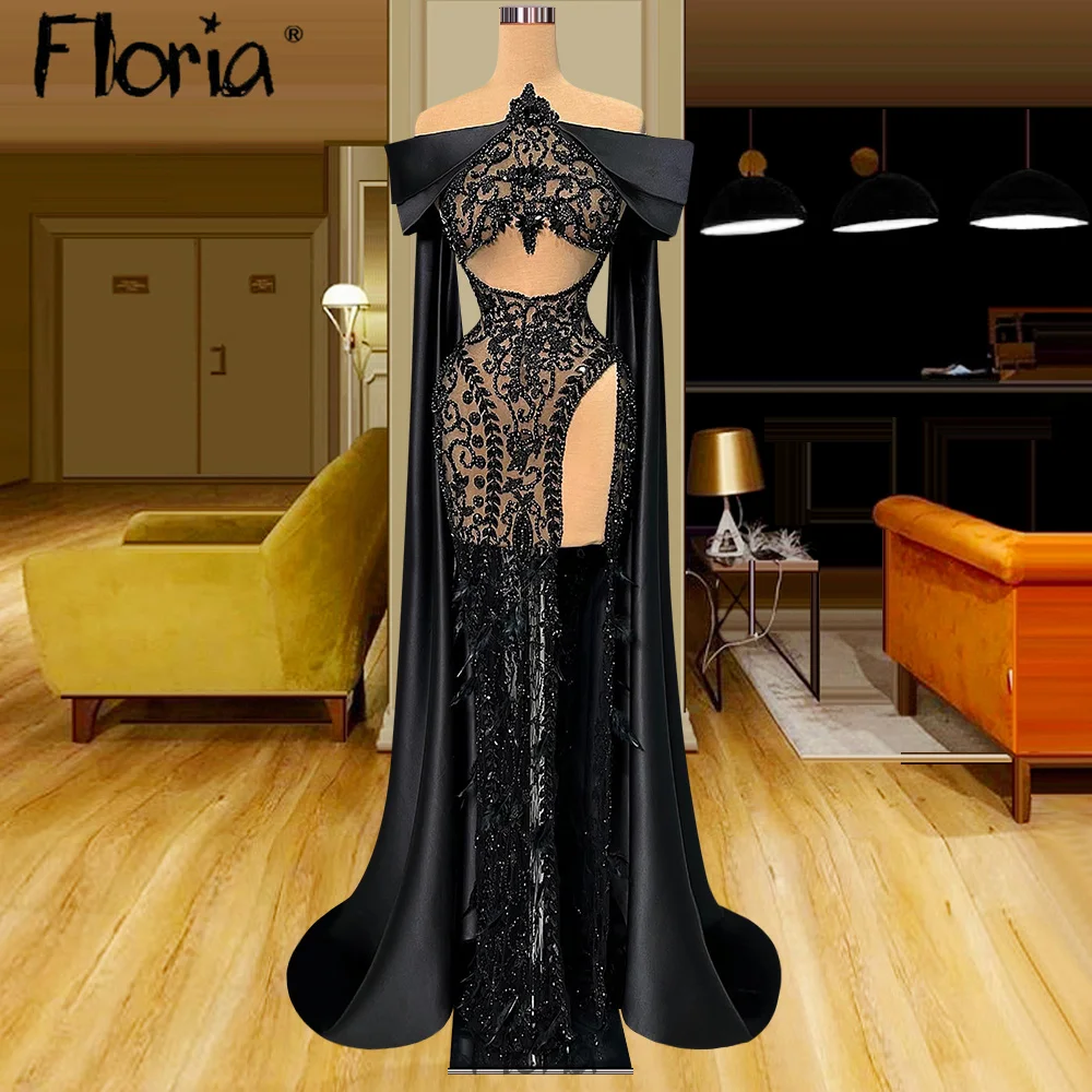

Floria Luxury Lace Black Satin Arabic Evening Dress with Cape Elegant Mermaid Beaded Appliqued Long Women Formal Party Gowns