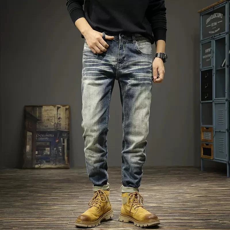 Newly Fashion Designer Men Jeans Retro Blue Stretch Slim Fit Elastic Ripped Jeans Men Vintage Trousers Casual Denim Pants Hombre