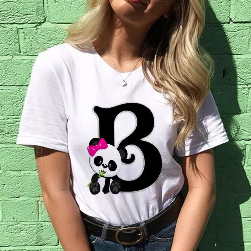 

Female T-shirt Summer White Casual Tee Ladies Basic Round Neck Cartoon Panda Letters Pattern Clothes Womens Clothes Tshirt