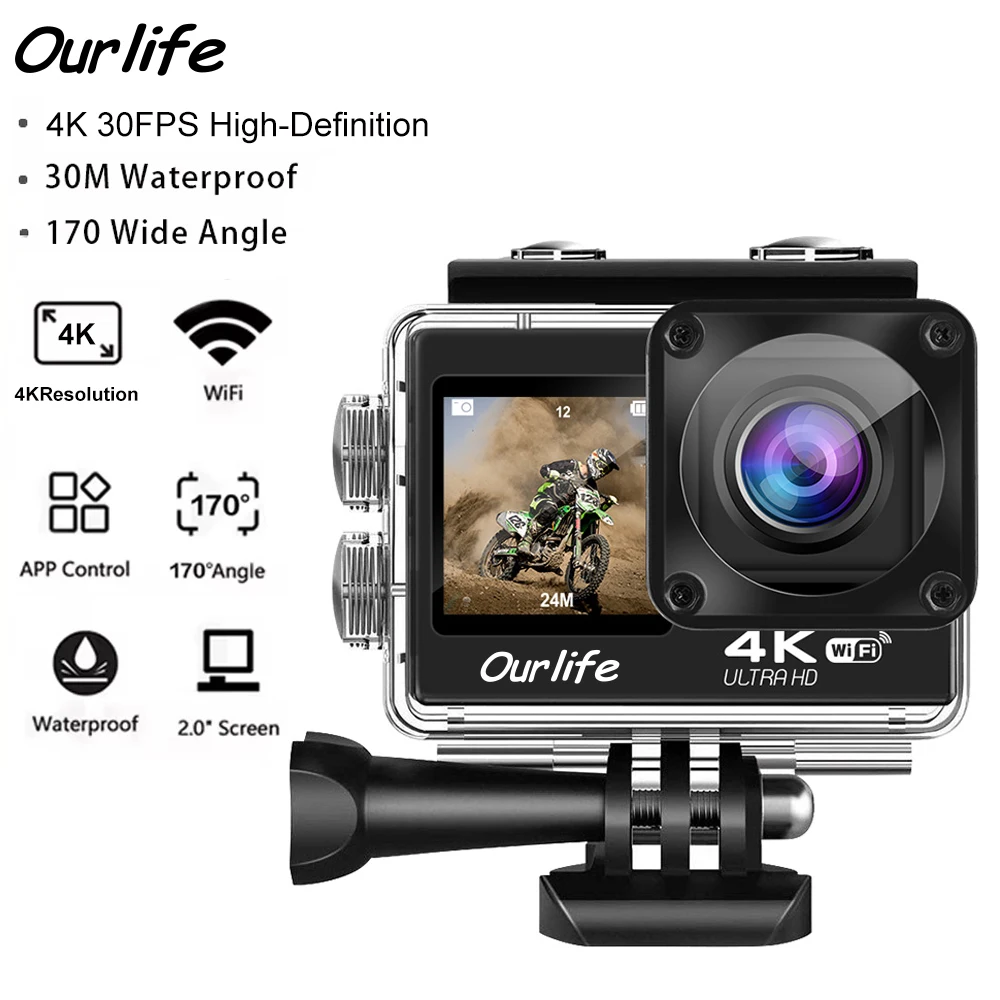 Ourlife Q600 Dual Screen Action Camera 4K30FPS 30M Waterproof WiFi Sports Camera 2" Screen Helmet Action Cam With Remote Control