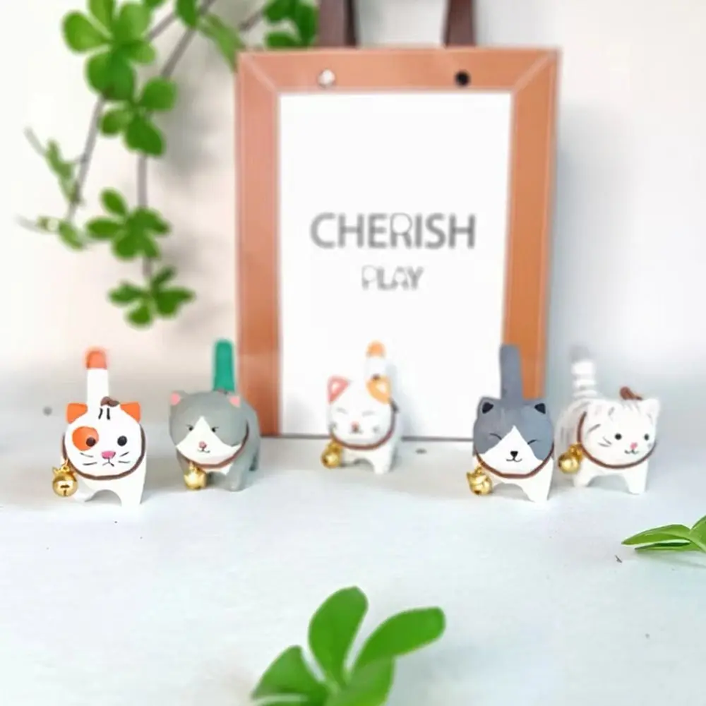 Bell Cat Wood Carving Cat Ornament Solid Wood Handmade Painted Cartoon Cat Sculpture Simple Style Small