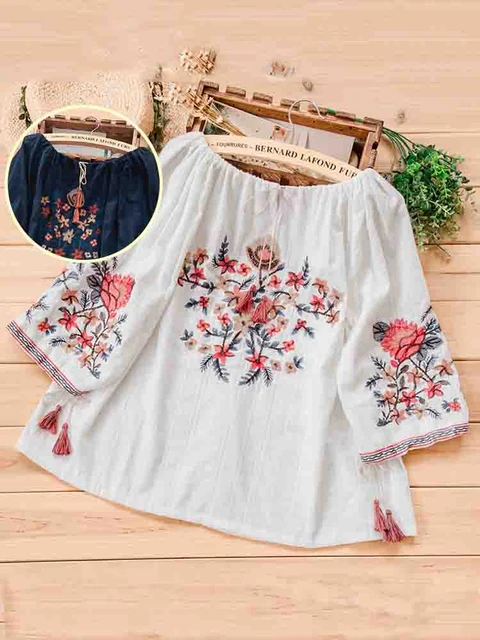 Womens Fashion Vintage Floral V Neck Lace Trim Tops Ethnic 3/4