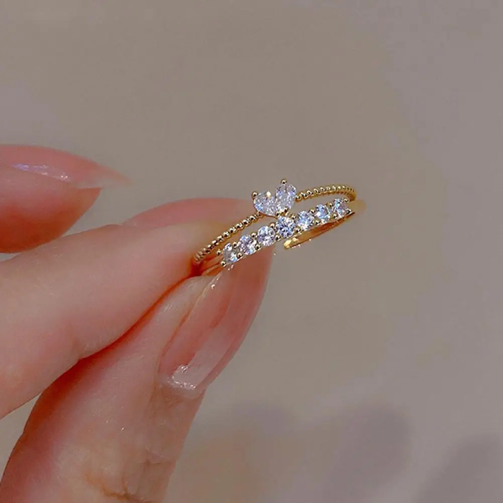 여성용 트렌디 지르콘 하트 반지 세트, 한국 골드 컬러, 조절 가능한 오프닝 손가락, 신부 웨딩, 여성 쥬얼리, 2 개 