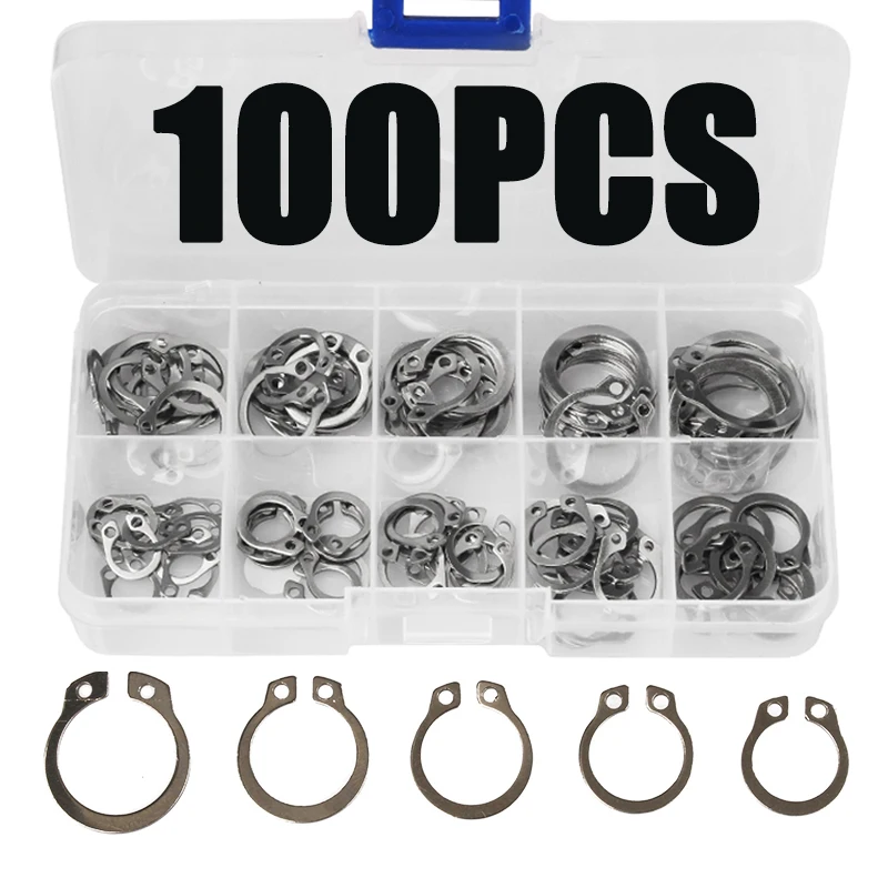 

100PCS Circlip Set External/Internal Retaining E-type Cir clip Lock Snap Ring Set holes Shaft Collar Washer Stainless Steel