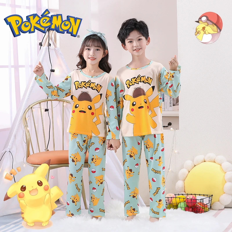 Pokemon pikachu pijamas infantis conjunto kawaii anime poliéster pijamas de  manga comprida respirável roupas de noite roupa de casa menino menina| | -  AliExpress