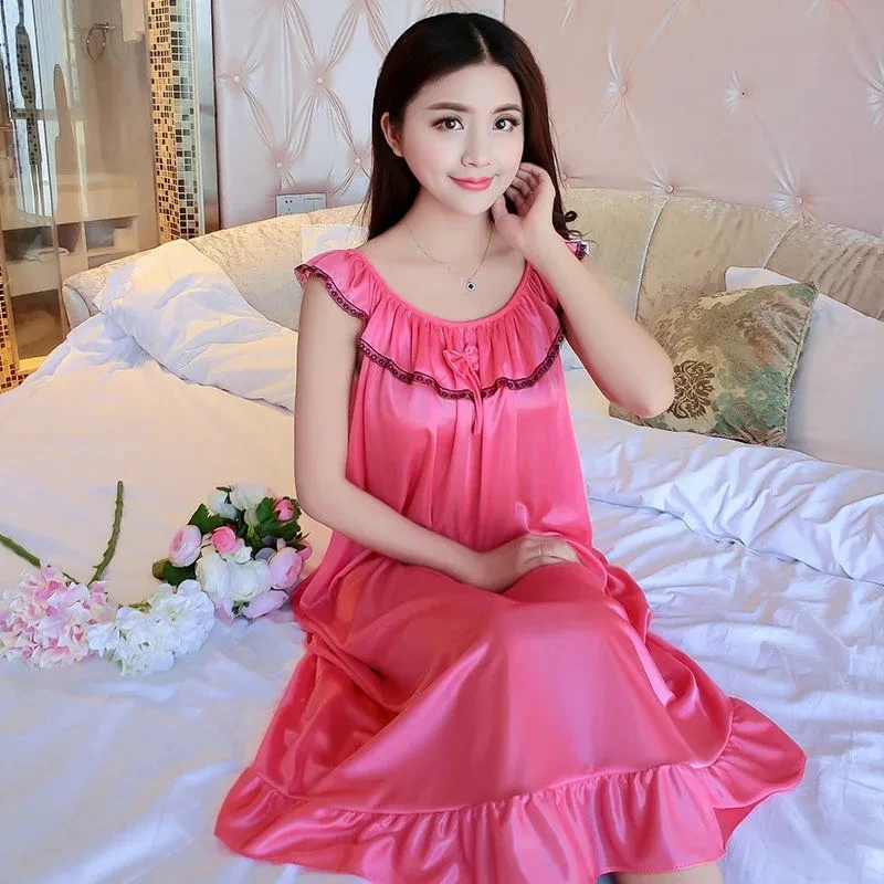 New Women Smooth Sleepwear Female Sexy Lace Patchwork Soft casual Sleeveless Dress Nightgown Solid Sleep Dresses NightwearTide