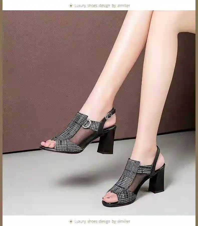 Microfiber Leather High Heeled Sandals Woman Summer Heels Shoes Peep Toe Chunky Heel Sexy for Female Korea Style Black Gold best heels shoes High Heels