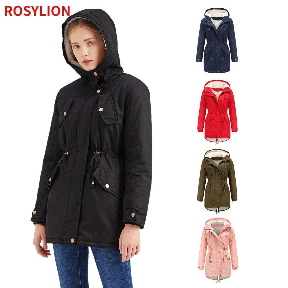 

Autumn Winter Windbreaker Women Cotton Coat Solid Color Pink Hooded Parkas Thick Plush Quilted Jacket Velvet Long Overcoat S-5XL