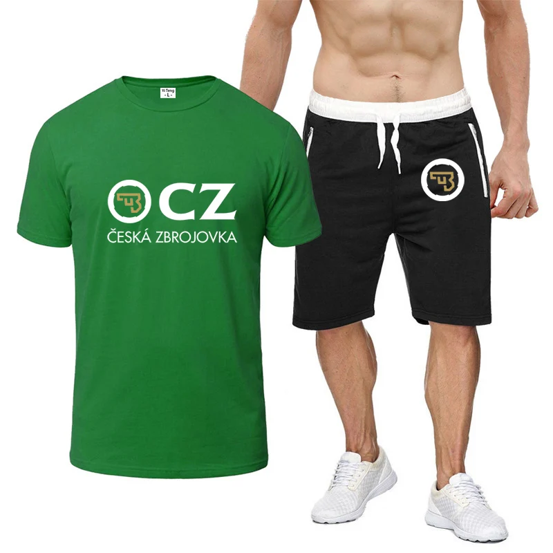 2023 Summer CZ Ceska Zbrojovka Czech Firearms Logo Printed Quick Drying Short-Sleeved Round Neck Tops+Sweatpants Solid Color Set