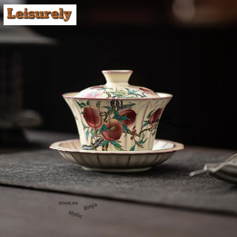 175ml Lard Jelly Ru Kiln Nine Peach Horse Hoof Gaiwan Vintage Tea Tureen Tea Bowl with Lid Kit Tea Making Cover Bowl for Tea