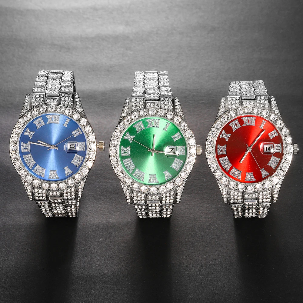3pcs Men's Silver Watch Set Hip-hop Punk Inlay Diamond Watch+Cuban Chain+Bracelet Comes With Strap Adjuster Stylish Jewelry Gift 4
