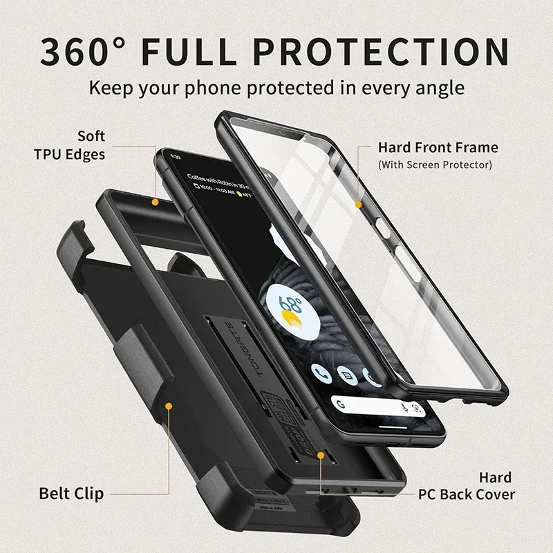 TONGATE Custodia robusta antiurto per tutto il corpo con cavalletto e protezione per schermo per fotocamera con clip da cintura per Google Pixel 8 Pro  202192403