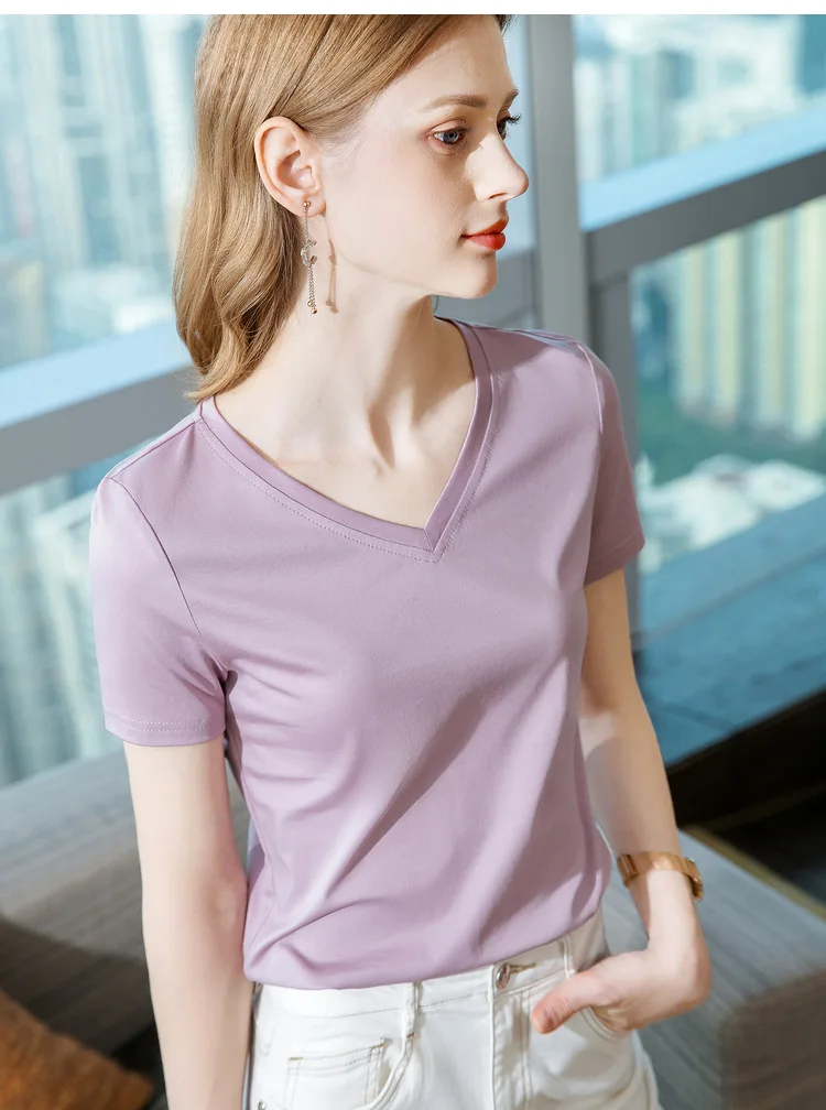 Ice Sensitive Silk Cotton V-neck Short Sleeved T-shirt for Women's Solid Round Neck Basic Commuting Elastic Oversized Top