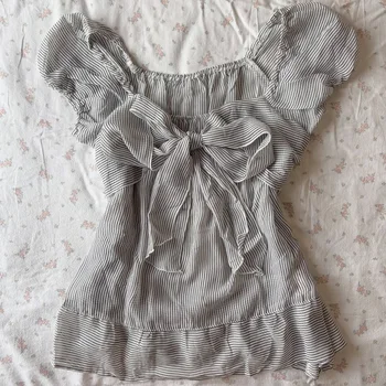 Y2K Vintage T-shirt Slim Woman Clothes Floral Goth Punk V-Neck Lace Short Sleeve Sweet Bow Harajuku Korea Summer Tees Fairy emo 1