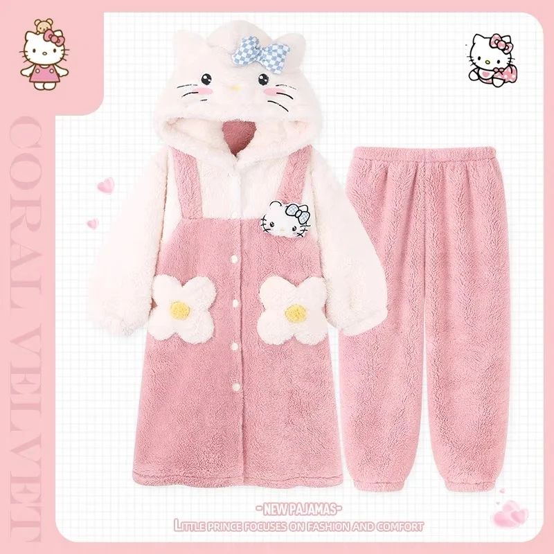 

Sanrios Hello Kitty Pajamas Women's Winter Coral Plush Thickened Cute Girls' Cartoon Nightgown Home Fur Winter Plush