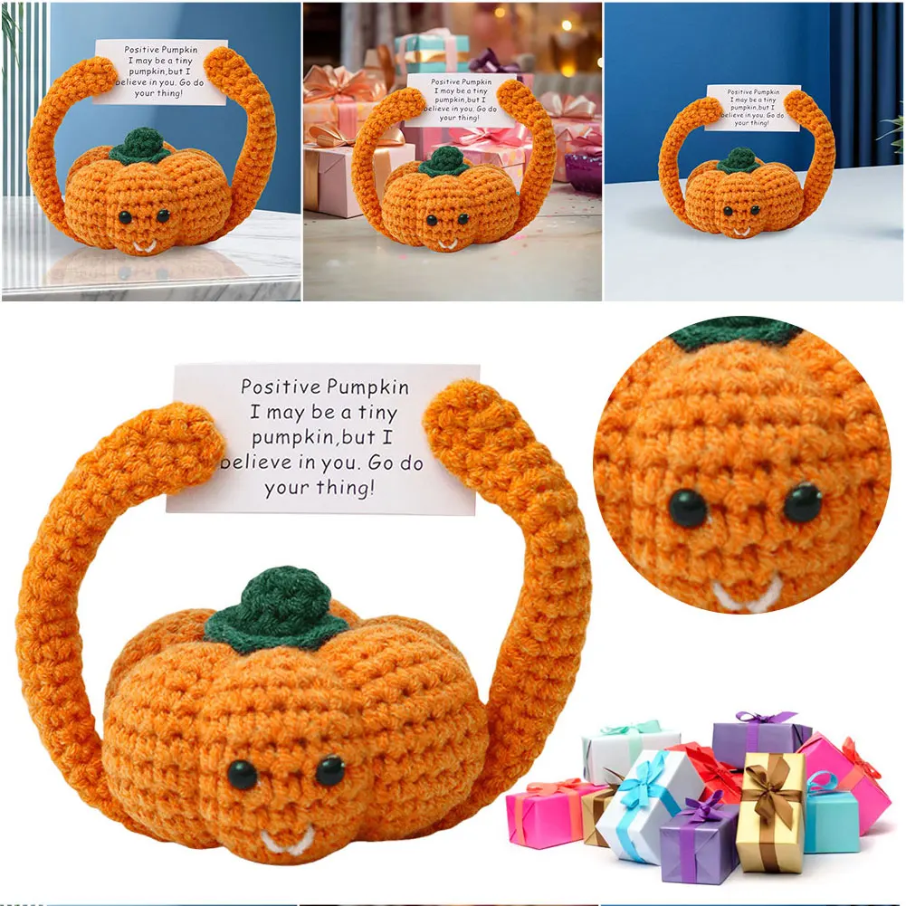 Animal/Pumpkin Knitted Wool Doll with Positive Card Knitted Stuff Handmade Toy Funny for Home Decor Birthday Gift