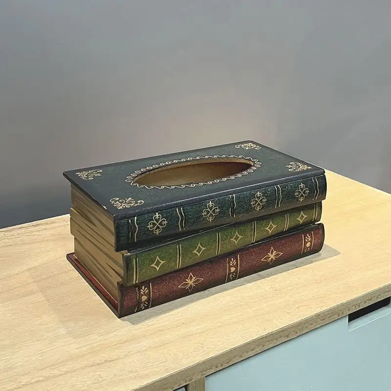 Retro Wood Book Shape Tissue Box Rectangle Napkin Paper Holder Storage Case Tissue Holder Container Home Living Room Decoration 4