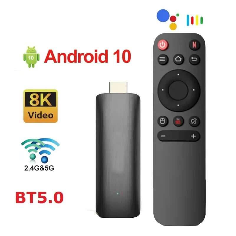 미니 TV 스틱 안드로이드 10 블루투스 5.0 와이파이 스마트 TV 박스, 4K HDMI 어댑터, 쿼드 코어 ARM Cortex A53, 1GB, 8GB 지지대, 2.4G, 5.8G