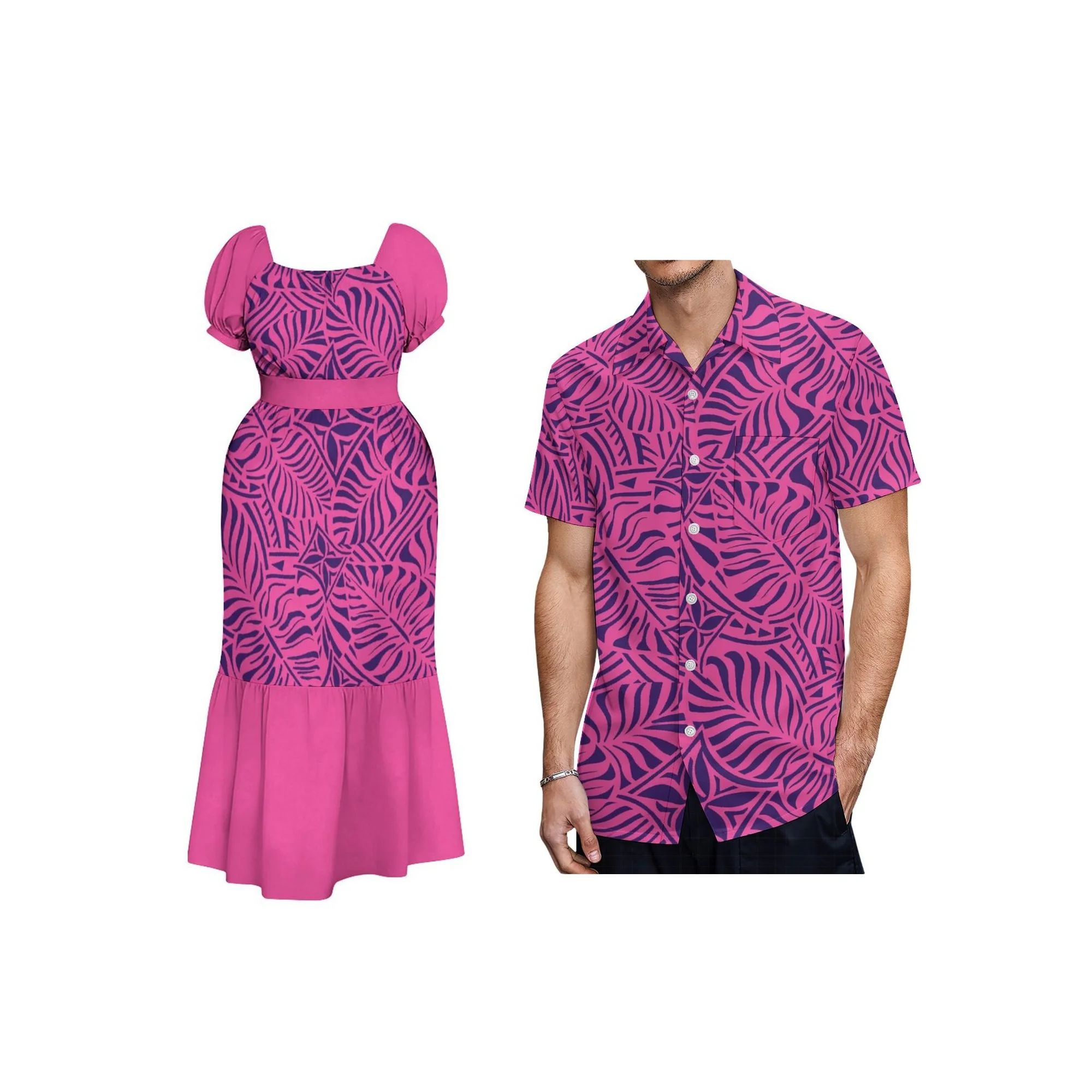 New Custom Polynesian Print Women Fashion Square Puff Sleeve Dress Square Neck Lace-up Resort Breathable Wear Dress