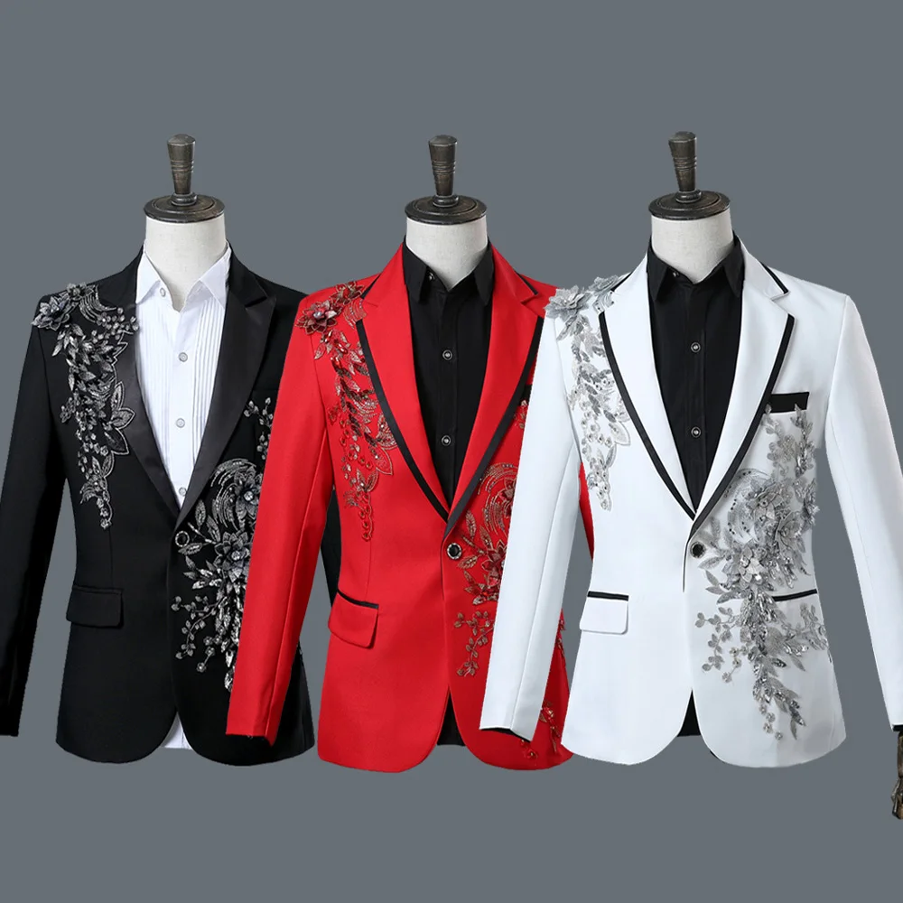 

Male singer nightclub stage performance suit, host suit, bar dress, three-dimensional double-sided floral and diamond inlaid sui