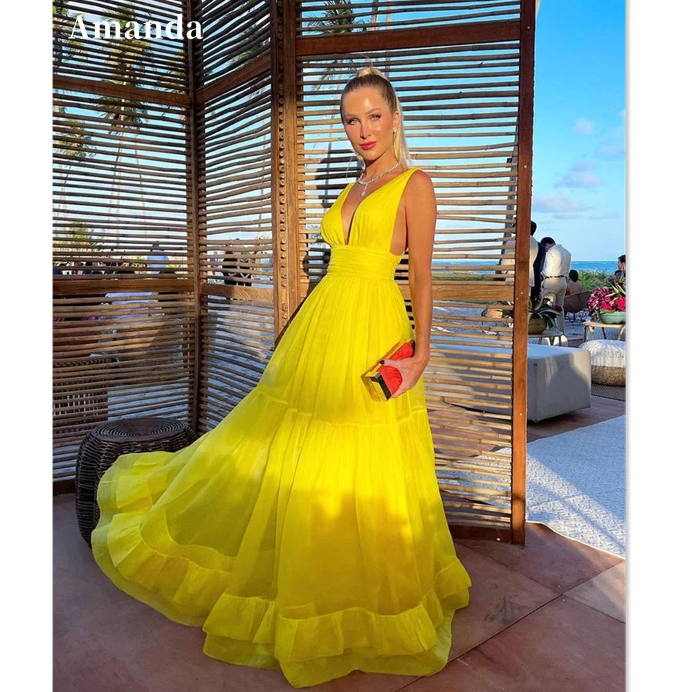 

Amanda Gentle فساتين مناسبة رسمية Sexy V-neck Evening Dress Light Yellow Robe De Soirée Tulle A-line Sleeveless Prom Dress 2023