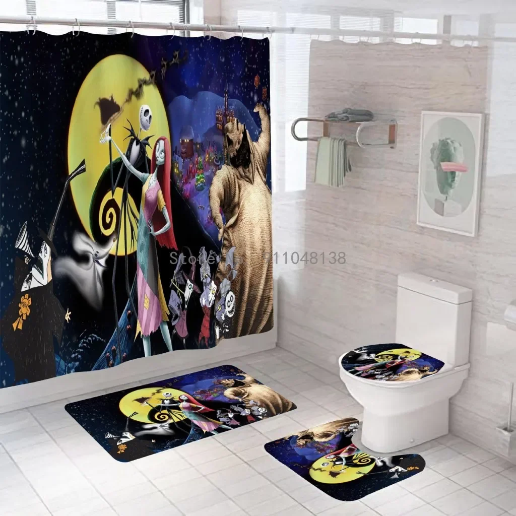 Disney Nightmares Before Christmas Shower Curtain Set 4pcs For Bathroom Waterproof Jack and Sally Bath Curtains Home Decoration